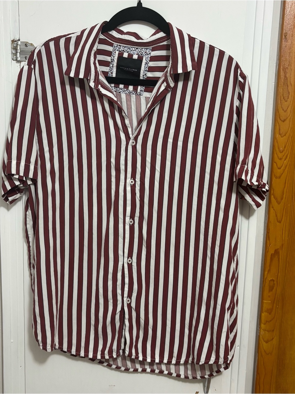 Denim & Flower Burgundy and White Vertical Stripe Short-Sleeve Shirt